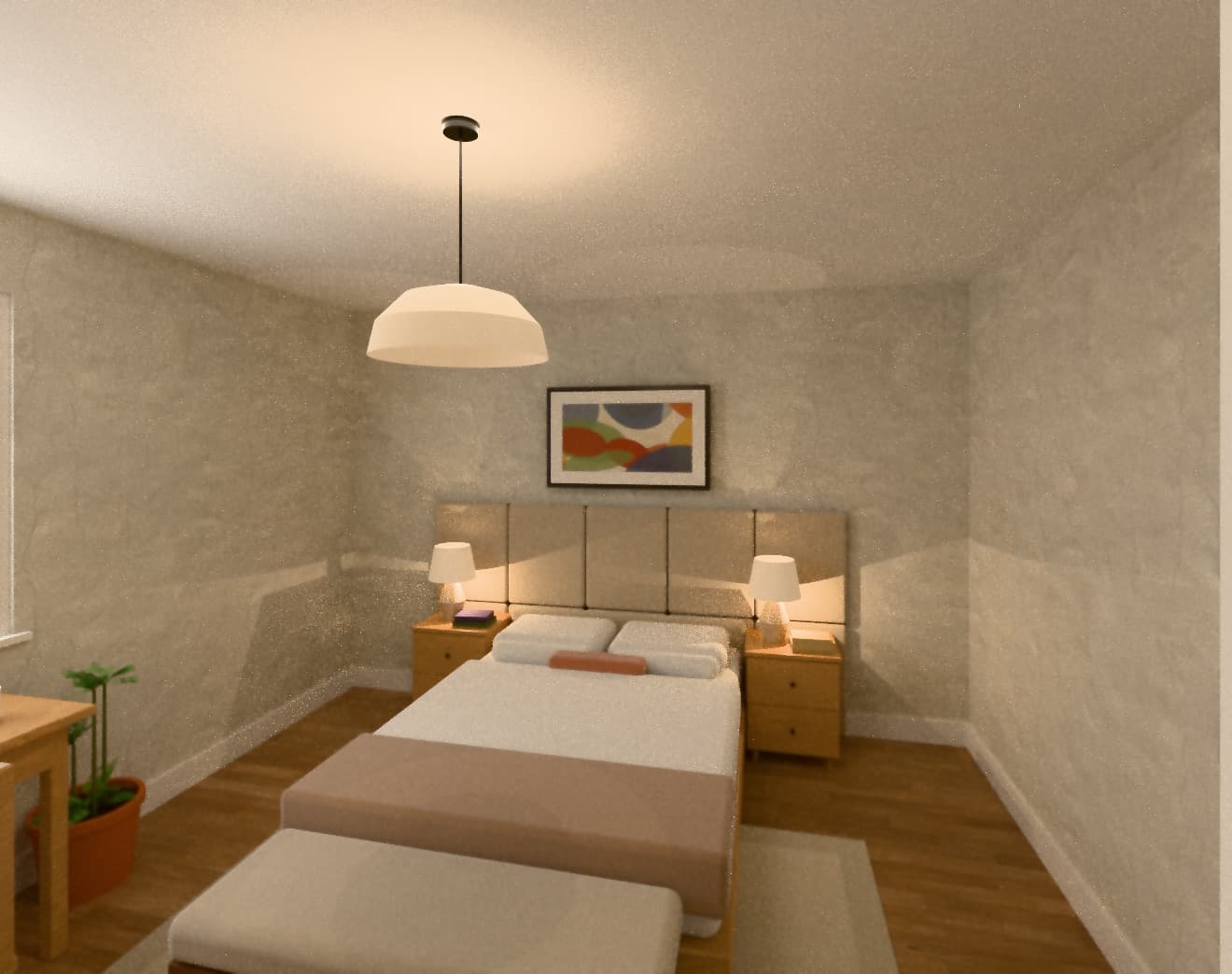 The example bedroom at eye level: a panelled headboard, both bedside lamps on, a bench on the rug at the foot of the bed and a desk under the window.